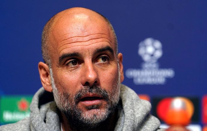 13 March 2023, United Kingdom, Manchester: Manchester City manager Pep Guardiola attends a press conference for the team at the City Football Academy ahead of Tuesday's UEFA Champions League Round of 16 Second Leg soccer match against RB Leipzig. Photo: