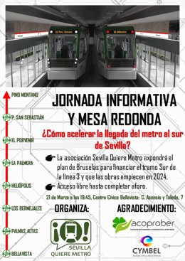Cartel de la jornada informativa convocada por Sevilla Quiere Metro el próximo martes 21 en el Centro Cívico de Bellavista.