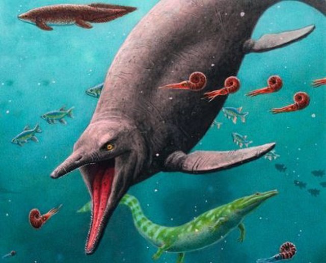 Reconstrucción del ictiosaurio más antiguo y el ecosistema de 250 millones de años encontrado en Spitsbergen.