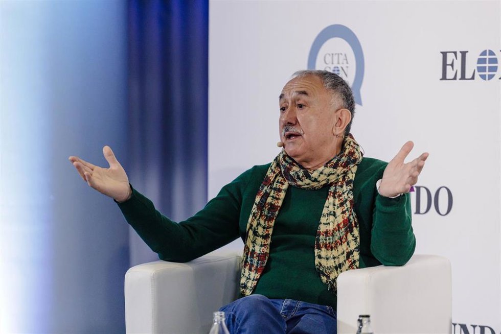 El secretario general de UGT, Pepe Álvarez, interviene durante un desayuno informativo en el Hotel Westin Palace, a 9 de marzo de 2023, en Madrid (España). El diario El Mundo ha organizado este encuentro informativo.