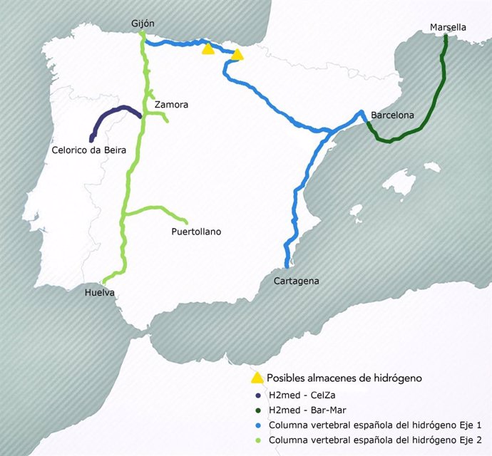 Archivo - Trazado del corredor de hidrógeno verde  H2Med entre Portugal, España y Francia