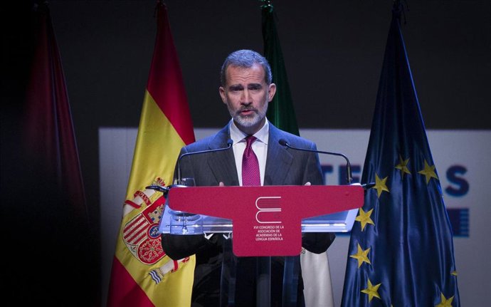 Archivo - El Rey Felipe VI durante su intervención en la clausura del XVI Congreso de la Asociación de Academias de la Lengua Española (Asale).     En Sevilla, 08 de noviembre de 2019.