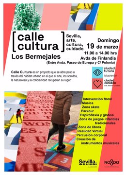 Cartel anunciador de la iniciativa 'Calle Cultura' del Ayuntamiento de Sevilla en Los Bermejales.