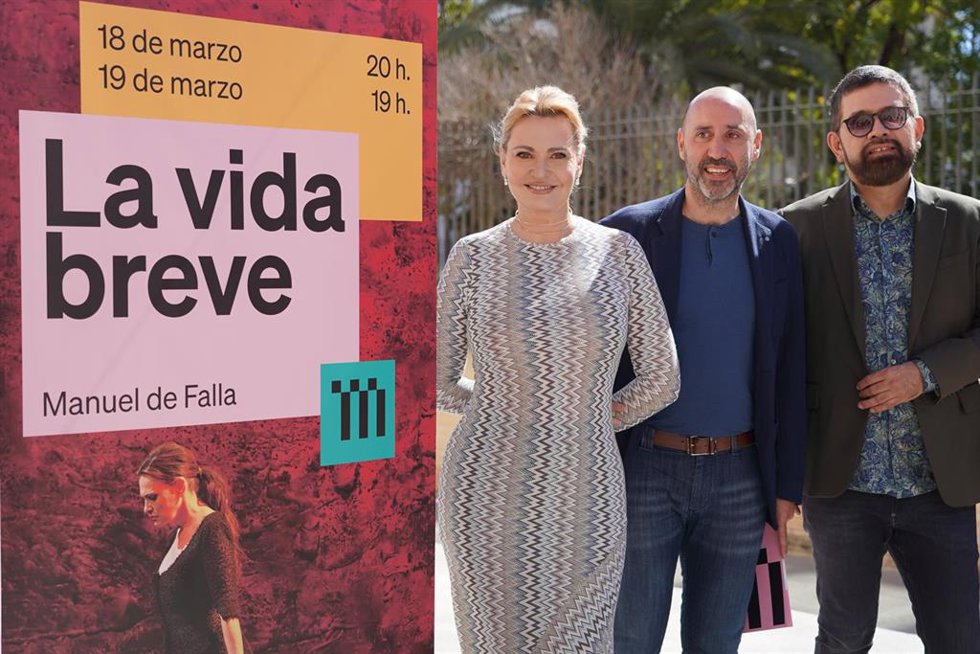 La soprano Ainhoa Arteta, (i) junto al director general del Teatro de la Maestranza, Javier Menéndez, (2d) durante la presentación de la ópera 'La vida breve' de Manuel de Falla en el Teatro de la Maestranza.