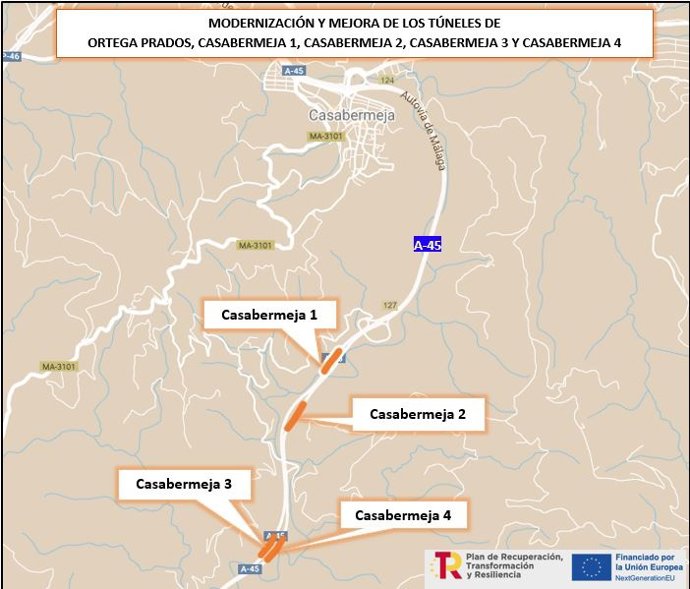 Gobierno licita por 5,5 millones las obras de modernización y mejora de varios túneles en la MA-20 y A-45 en la provincia de Málaga