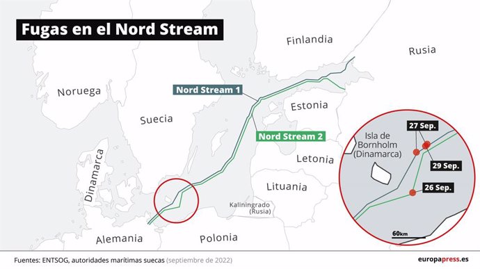 Archivo - Mapa con las localizaciones de las cuatro fugas de gas detectadas en el Nord Stream 1 y 2 entre el 26 y el 29 de septiembre.