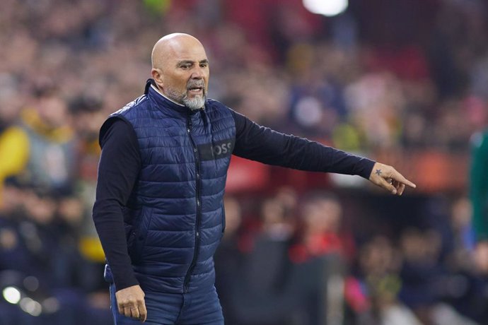 Jorge Sampaoli, head coach of Sevilla FC, gestures during the UEFA Europa League round of 16 leg one match between Sevilla FC and Fenerbahce at Estadio Ramon Sanchez Pizjuan on March 9, 2023 in Sevilla, Spain.