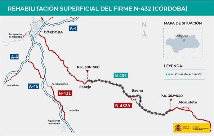 Mapa que muestra el tramo de la N-432 en el que se mejorará el firme de la carretera.