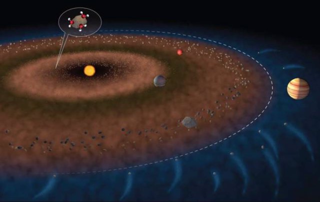 La línea blanca discontinua en esta ilustración muestra el límite entre el sistema solar interior y el sistema solar exterior, con el cinturón de asteroides colocado aproximadamente entre Marte y Júpiter.