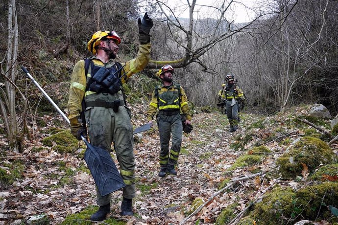 Varios bomberos de las Brigadas de Refuerzo en Incendios Forestales (BRIF) de Cantabria trabajan en las labores de extinción de un incendio forestal en el valle de Ardisana, a 10 de marzo de 2023, en Llano, Asturias (España). 