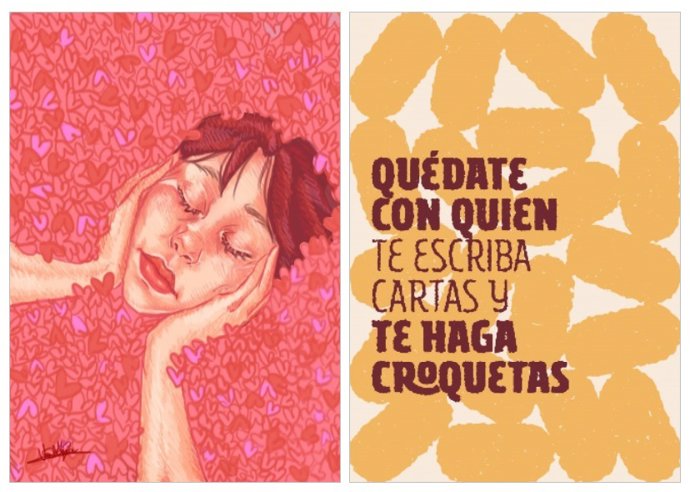 Las obras 'Amor propio', de la malagueña Valeria Sonia Montiel Delgado, y 'La pareja perfecta', del cordobés Agu Luque Chacón, segundos premios en la IX edición del Concurso Nacional de Diseño de Sellos 'Disello' de Correos.