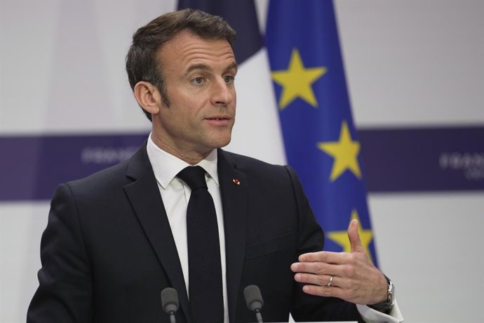 10 March 2023, France, Paris: French President Emmanuel Macron speaks during a press conference with UK Prime Minister Rishi Sunak (Not Pictured) at Elysee Palace as part of the first UK-France summit in five years. Photo: Kin Cheung/PA Wire/dpa