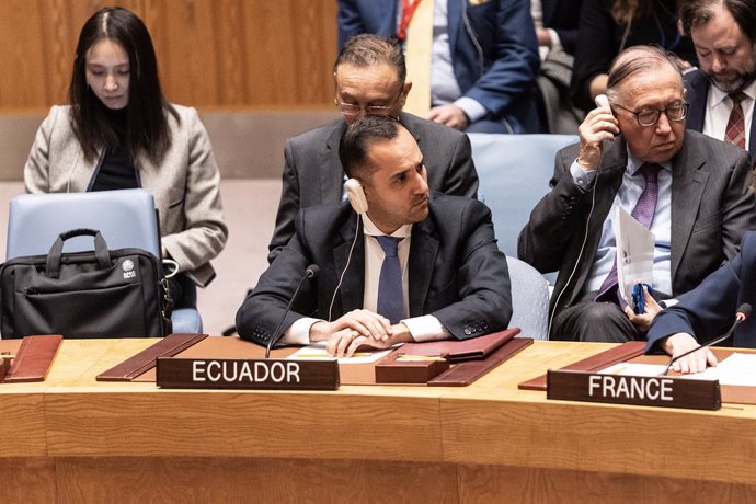 February 24, 2023, New York, New York, United States: Juan Carlos Holguin, Minister for Foreign Affairs and Human Mobility of Ecuador attends the Security Council meeting on Ukraine at UN Headquarters. This day marked exactly one year since the start of