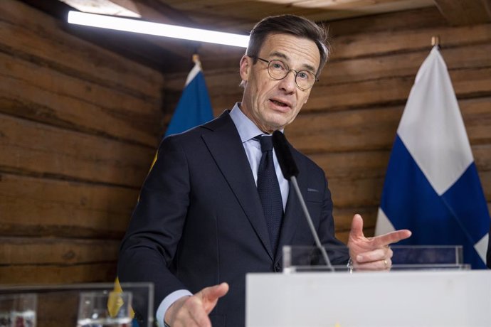 HARPSUND (SWEDEN), Feb. 22, 2023  -- Sweden's Prime Minister Ulf Kristersson speaks at a press conference with Finland's President Sauli Niinisto and Norway's Prime Minister Jonas Gahr Store (not in the picture) in Harpsund, Sweden, on Feb. 22, 2023. Th