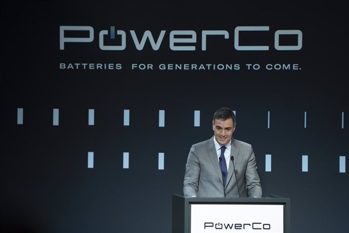 El presidente del Gobierno, Pedro Sánchez, interviene durante el acto inaugural del inicio de la construcción de la gigafactoría de PowerCo del Grupo Volkswagen