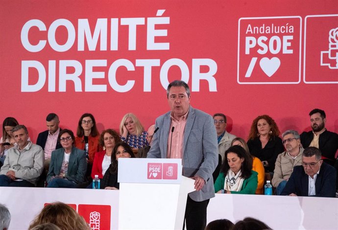 El secretario general del PSOE de Andalucía y Portavoz del Grupo Parlamentario Socialista, Juan Espadas, interviene en el acto de partido, a 17 de marzo de 2023 en Sevilla, (Andalucía, España). El secretario general del PSOE de Andalucía y Portavoz del 