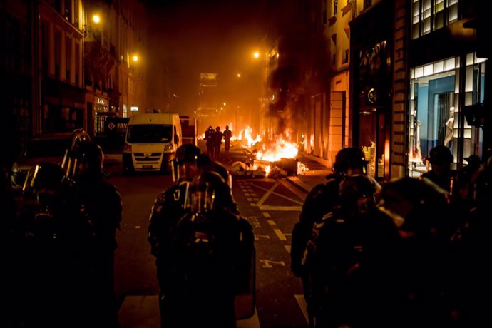 March 16, 2023, Paris, Paris, France: Demonstration in Paris at Place de la Concorde, following the use of Article 49.3 to validate the government's pension reform, clashes broke out with the police..#no russia