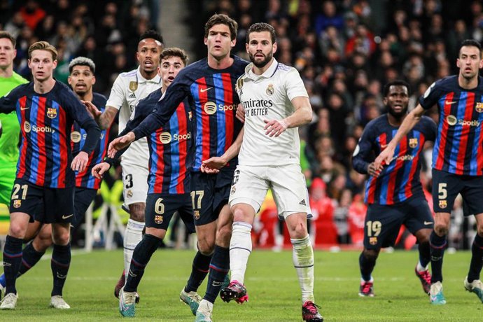 Marcos Alonso of FC Barcelona and Nacho Fernandez of Real Madrid in action during the Spanish Cup, Copa del Rey, Semi Finals football match played between Real Madrid and FC Barcelona at Santiago Bernabeu stadium on March 02, 2023, in Madrid, Spain.