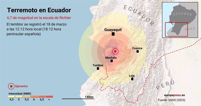 Mapa que representa la localización del terremoto de 6,7 de magnitud en la escala de Richter que ha sacudido este sábado la costa del Pacífico ecuatoriano.