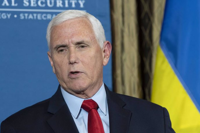 24 February 2023, US, Austin: Former US Vice President Mike Pence give a foreign policy speech on the one-year anniversary of the Russia-Ukraine war in front of a hundred graduate students and professors at the University of Texas. Photo: Bob Daemmrich/