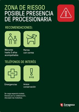 Cartel para alertar de zonas de riesgo de la procesionaria.