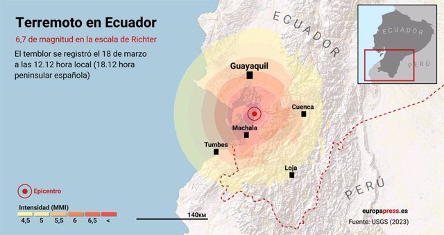 Mapa que representa la localització del terratrèmol de 6,7 de magnitud en l'escala de Richter que ha sacsejat aquest dissabte la costa del Pacífic equatorià