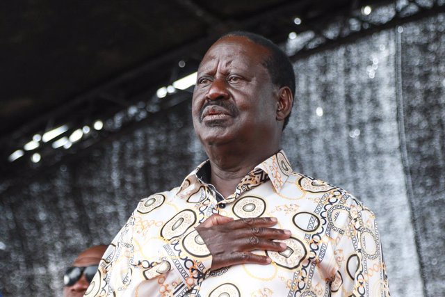 16 March 2023, Kenya, Nakuru: Raila Odinga, former Kenyan presidential candidate, seen as the Kenya National Anthem is played during his anti-government rally at Mazembe Grounds. Photo: James Wakibia/SOPA Images via ZUMA Press Wire/dpa