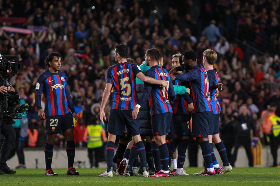 Players of FC Barcelona celebrate the victory after the spanish league, La Liga Santander, football match played between FC Barcelona and Real Madrid at Camp Nou stadium on March 19, 2023, in Barcelona, Spain.