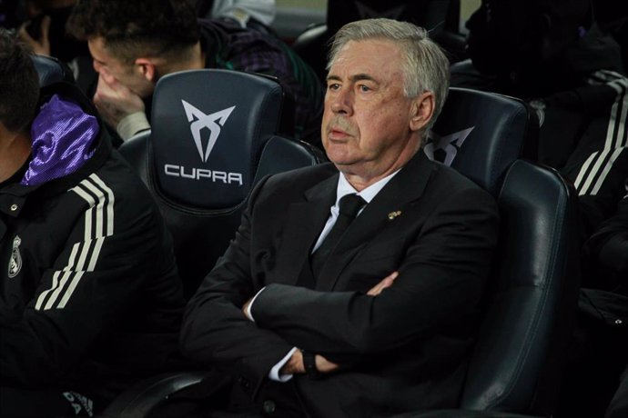 Carlo Ancelotti, head coach of Real Madrid, looks on during the spanish league, La Liga Santander, football match played between FC Barcelona and Real Madrid at Camp Nou stadium on March 19, 2023, in Barcelona, Spain.