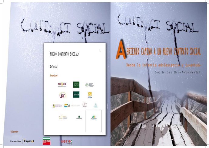 Folleto sobre una jornada hacia un "nuevo contrato social" celebrada con la colaboración de la Federación Andaluza de Municipios y Provincias (FAMP).