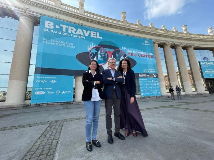 La directora general de Turismo de la Generalitat, Marta Domnech, el presidente de B-Travel, Martí Sarrate, y la directora del salón, Marta Serra, en la presentación de B-Travel 2023.
