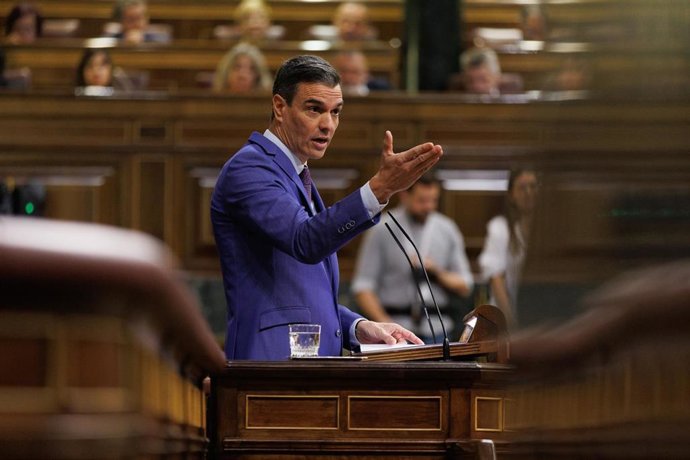 El presidente del Gobierno, Pedro Sánchez, interviene durante un debate de la moción de censura, en el Congreso de los Diputados, a 21 de marzo de 2023, en Madrid (España). 