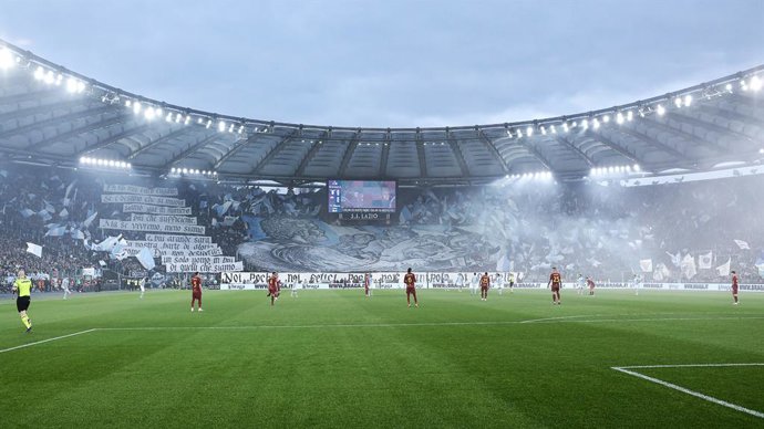 Supporters of Lazio show a coreography during the Italian championship Serie A football match between SS Lazio and AS Roma on March 19, 2023 at Stadio Olimpico in Rome, Italy - Photo Federico Proietti / DPPI
