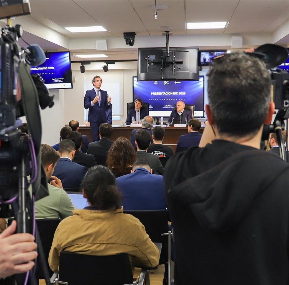 El presidente de LaLiga, Javier Tebas, participa en la presentación de la cuarta edición del ISDE Sports Convention (ISC).