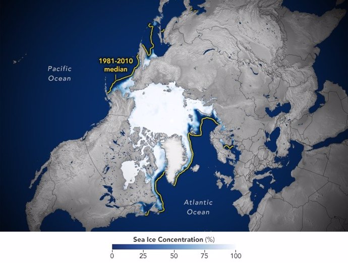 Máximo de hielo anual en 2023 y línea de promedios entre 1981 y 2010