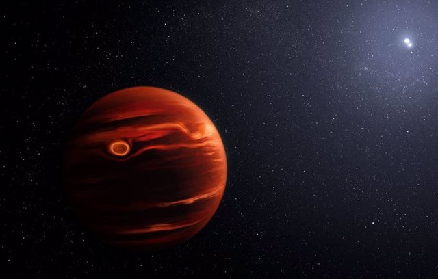 Esta ilustración conceptualiza las nubes arremolinadas identificadas por el telescopio espacial James Webb en la atmósfera del exoplaneta VHS 1256 b.