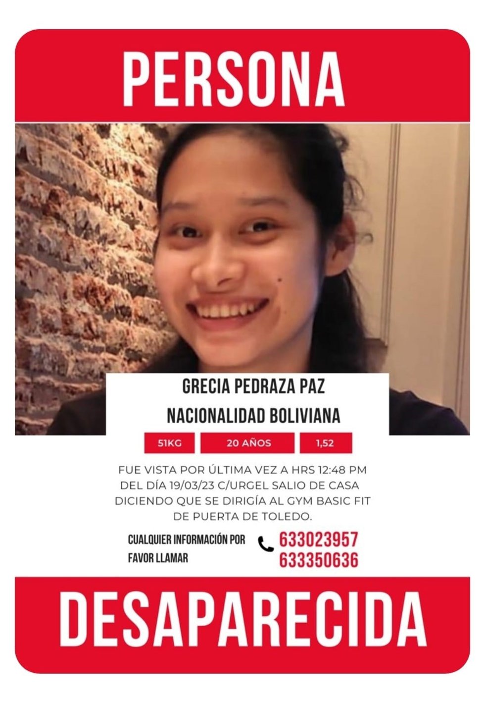 Desaparecida en Madrid una joven boliviana de 20 años.