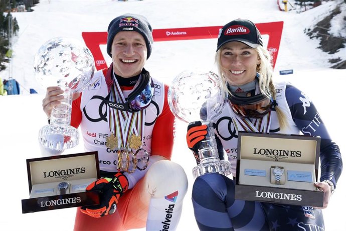 Los embajadores de Longines Marco Odermatt y Mikaela Shiffrin, grandes triunfadores de la temporada 2022-23 de la Copa del Mundo de esquí alpino.