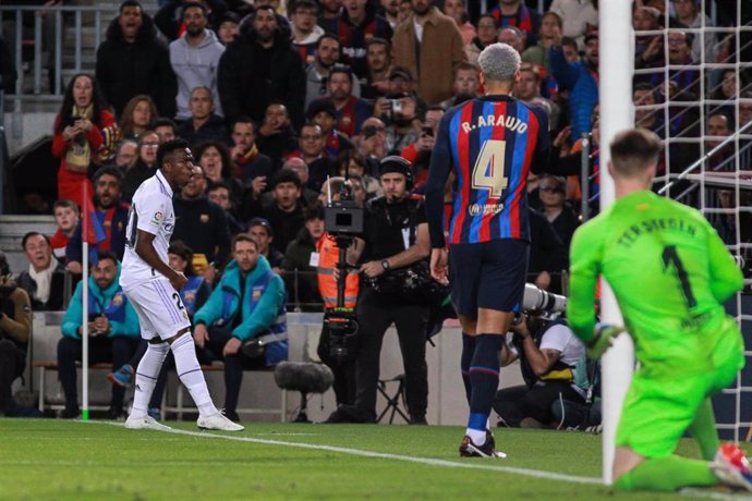 Vinicius Junior of Real Madrid celebrates a goal during the spanish league, La Liga Santander, football match played between FC Barcelona and Real Madrid at Camp Nou stadium on March 19, 2023, in Barcelona, Spain.