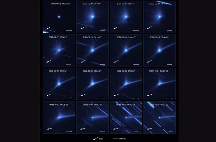 Esta serie de imágenes, tomadas con el instrumento MUSE, instalado en el Very Large Telescope de ESO, muestran la evolución de la nube de escombros que fue expulsada cuando la nave espacial DART de la NASA colisionó con el asteroide Dimorphos.