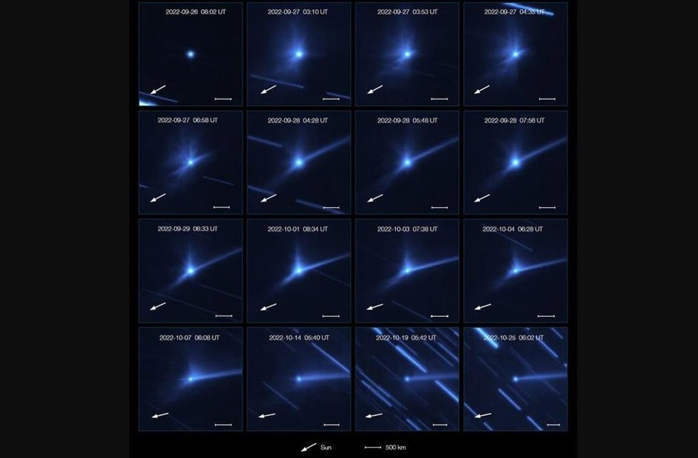 Esta serie de imágenes, tomadas con el instrumento MUSE, instalado en el Very Large Telescope de ESO, muestran la evolución de la nube de escombros que fue expulsada cuando la nave espacial DART de la NASA colisionó con el asteroide Dimorphos.