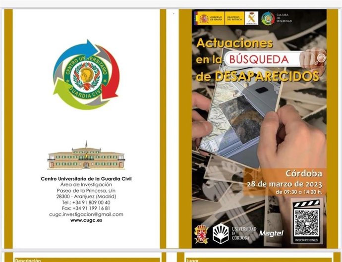 Díptico de la jornada sobre 'Actuaciones en la Búsqueda de Desaparecidos'.