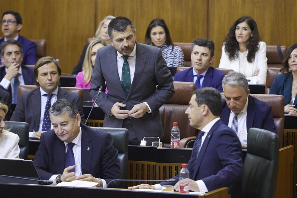 El portavoz del Grupo Parlamentario Popular, Toni Martín, este jueves durante su pregunta en el Pleno del Parlamento al presidente de la Junta de Andalucía, Juanma Moreno. 