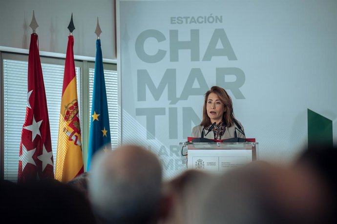 La ministra de Transportes, Movilidad y Agenda Urbana, Raquel Sánchez, interviene durante la presentación del proyecto de remodelación integral de la estación Madrid-Chamartín-Clara Campoamor, en la Torre Emperador Castellana, a 23 de marzo de 2023