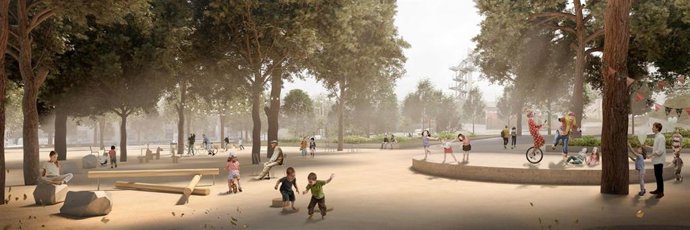 Recreación de la transformación de las Hortes de Sant Bertran del Poble-sec de Barcelona en un parque urbano.