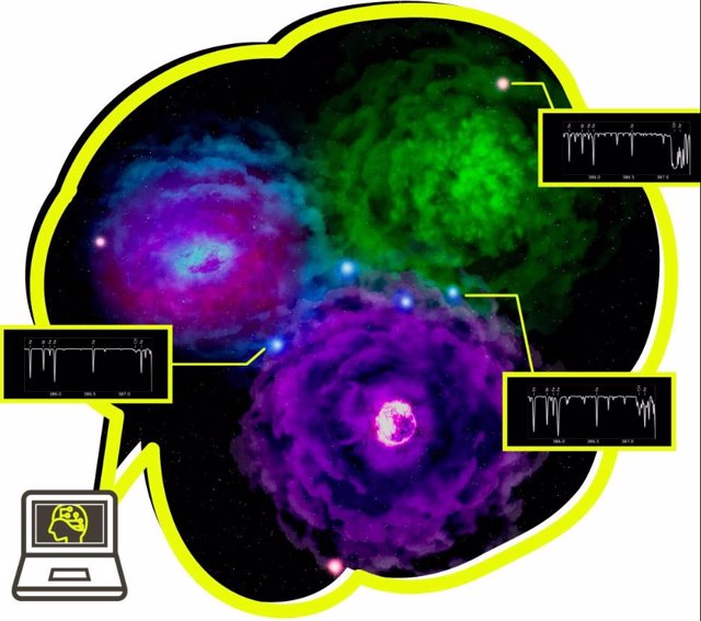 Una ilustración esquemática de esta investigación. Los eyectados de las primeras supernovas (objetos cian, verdes y morados rodeados por nubes de material expulsado) enriquecen el gas primordial de hidrógeno y helio con elementos pesados.