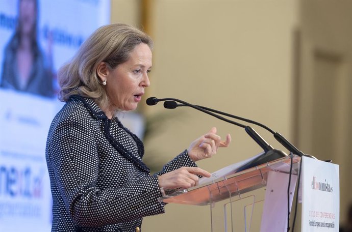 La vicepresidenta primera y ministra de Asuntos Económicos y Transformación Digital, Nadia Calviño, interviene durante la última jornada del ciclo Next Generation, en el hotel InterContinental, a 23 de marzo de 2023, en Madrid (España). Calviño ha abier