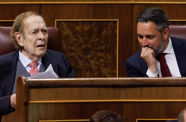 El candidato de la moción de censura, profesor y economista Ramón Tamames (i) y el líder de VOX, Santiago Abascal (d), durante la segunda sesión de la moción de censura, en el Congreso de los DiputadoS