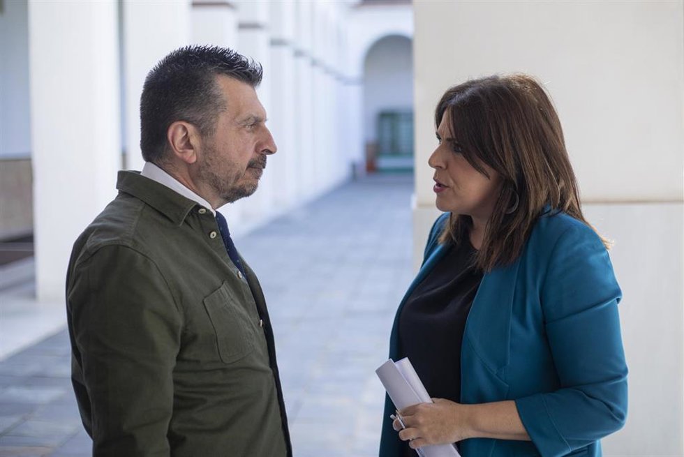 El portavoz del grupo parlamentario PP-A, Toni Martín (i), conversa con la portavoz parlamentaria de PSOE-A, Ángeles Férriz (d); durante un intervalo de la ronda de ruedas de prensa de portavoces de los grupos parlamentario. (Foto de archivo).