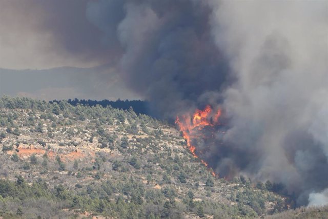 Una columna de humo en el incendio forestal originado en Villanueva de Viver, en San Agustín, Teruel.